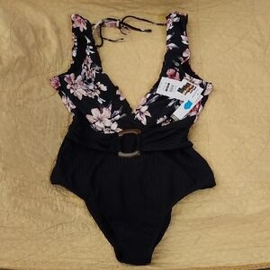 Time and Tru Black Floral One Piece Swimsuit